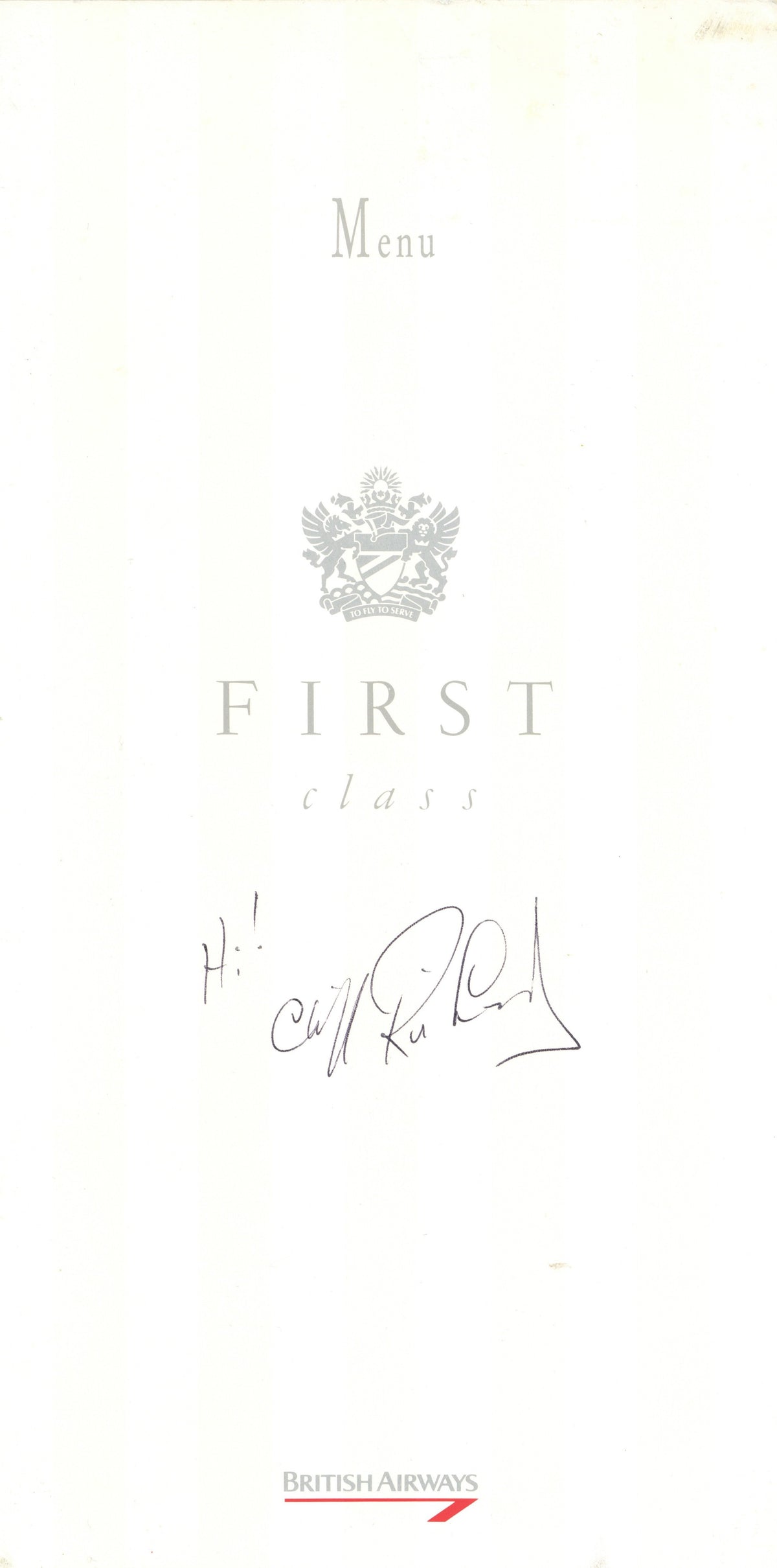 Cliff Richard Signed British Airways First Class menu Booklet