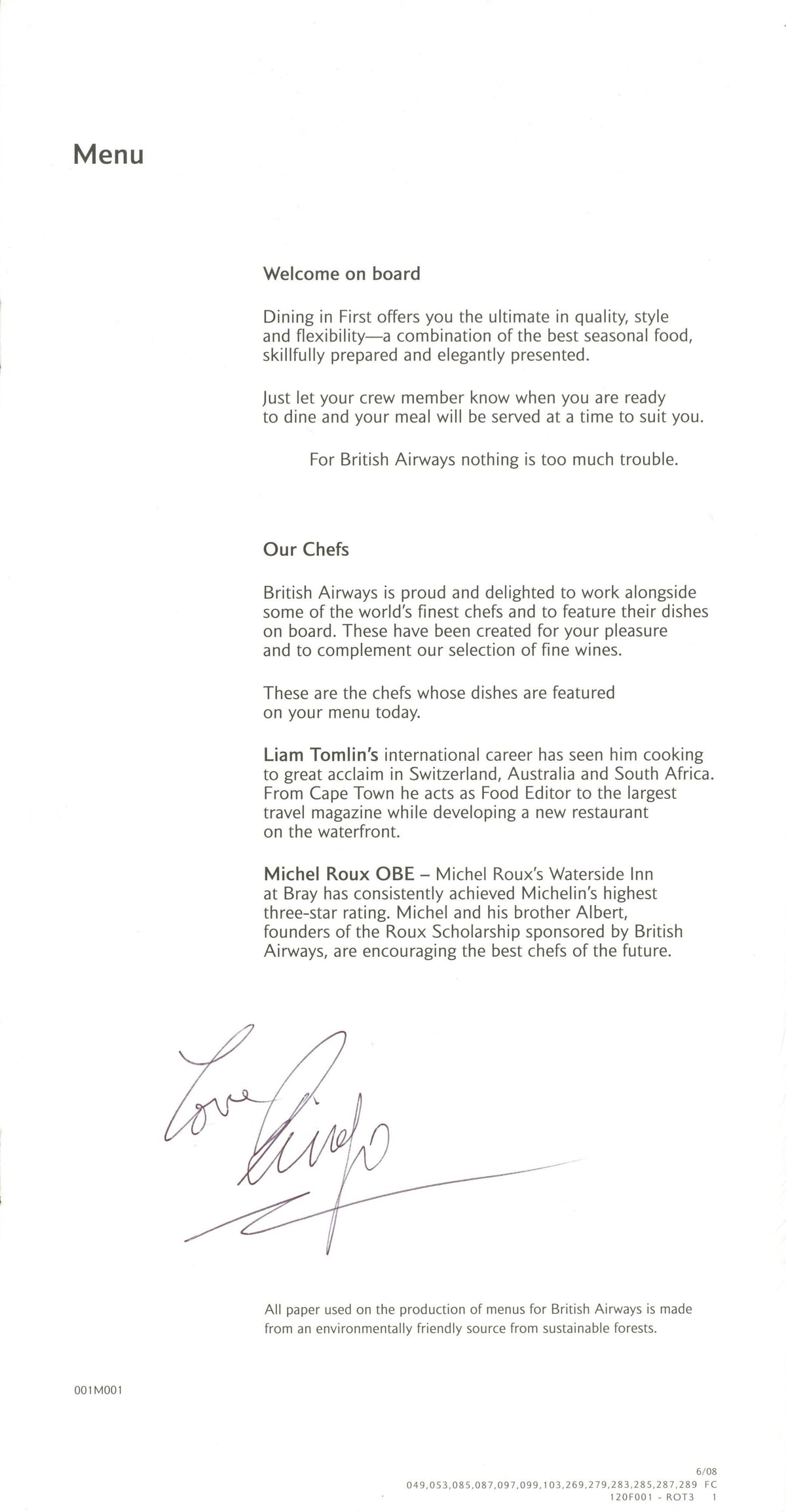 Ringo Starr signed British Airways First Class in-flight menu Booklet
