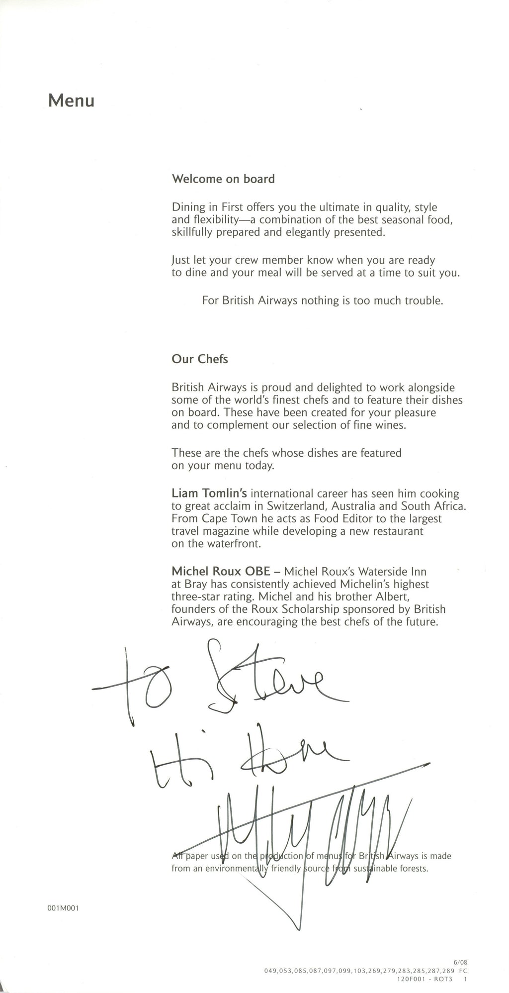 Mick Jagger signed British Airways First Class in-flight menu Booklet