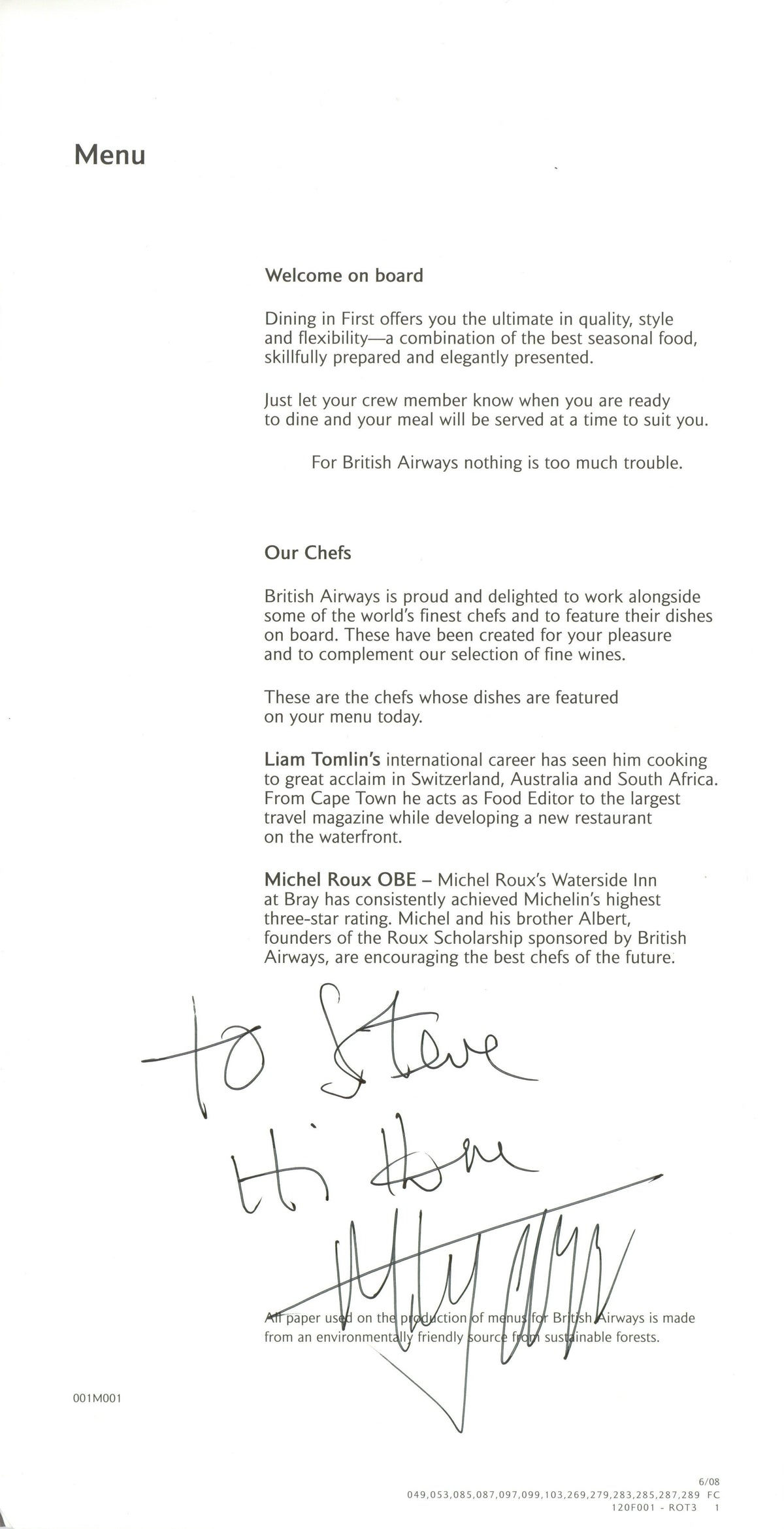 Mick Jagger signed British Airways First Class in-flight menu Booklet