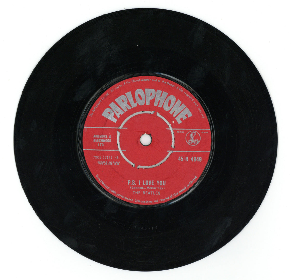 The Beatles Parlophone Love Me Do 7" Single No Made In GT. Britain text