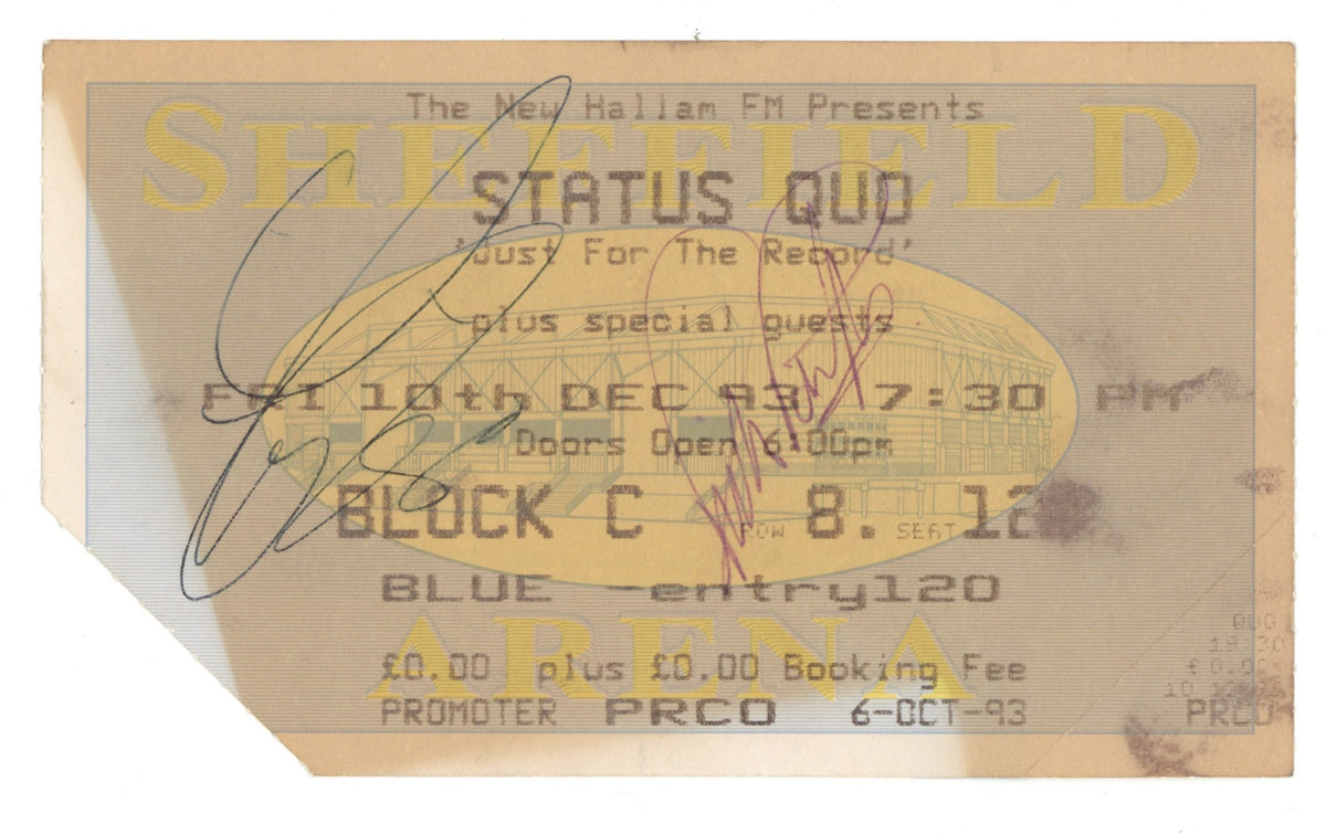 Status Quo Sheffield Arena Signed Ticket Stub 1993