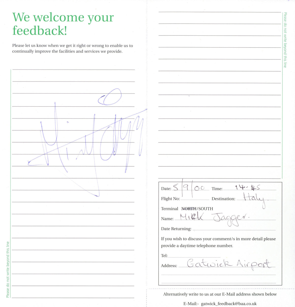 Mick Jagger signed Gatwick Airport Feedback Booklet
