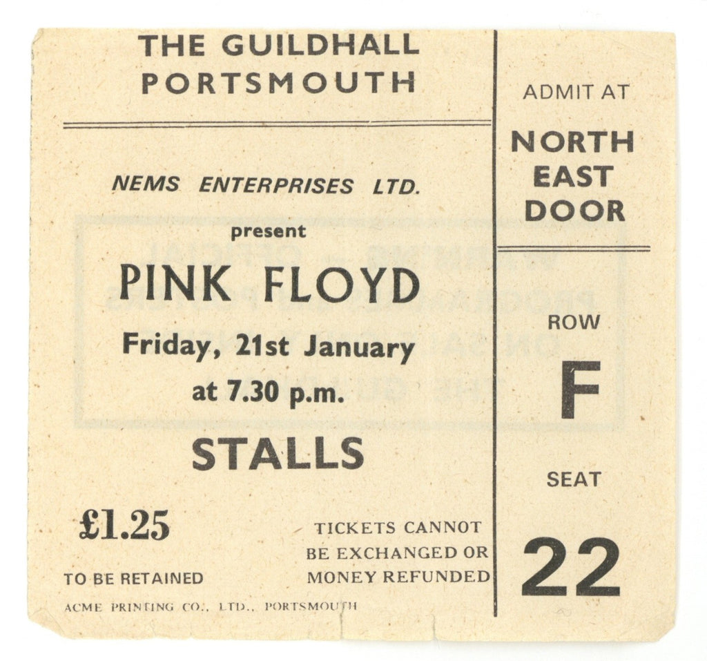 Pink Floyd The Guildhall Portsmouth Ticket Stub 1972