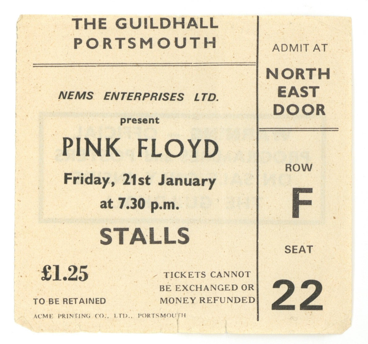 Pink Floyd The Guildhall Portsmouth Ticket Stub 1972