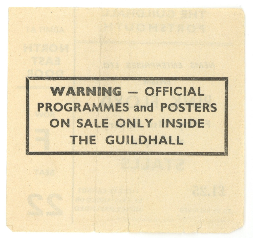 Pink Floyd The Guildhall Portsmouth Ticket Stub 1972