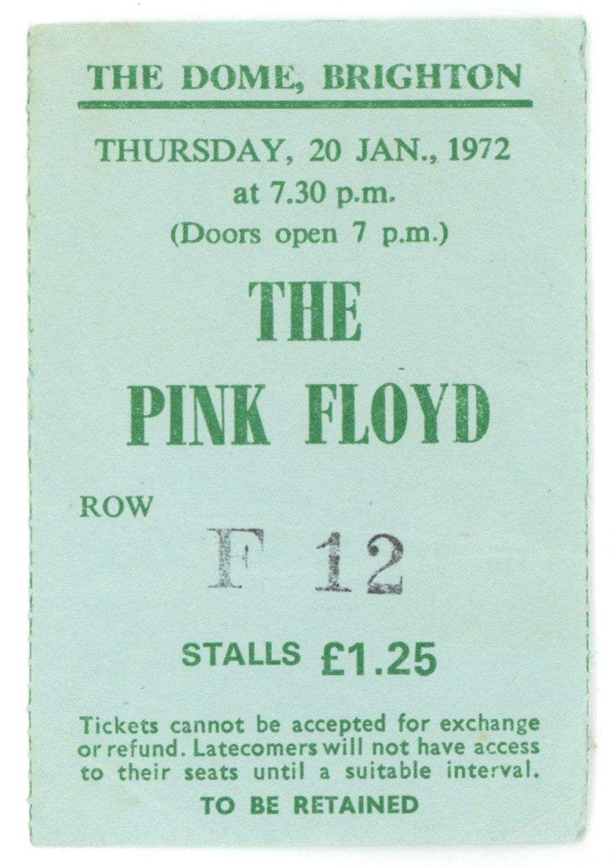 Pink Floyd The Dome Brighton Ticket Stub January 1972