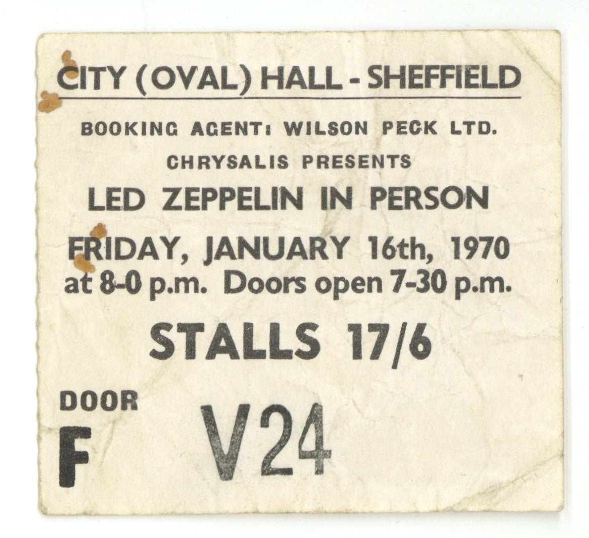 Led Zeppelin City Hall Sheffield Ticket Stub 1970