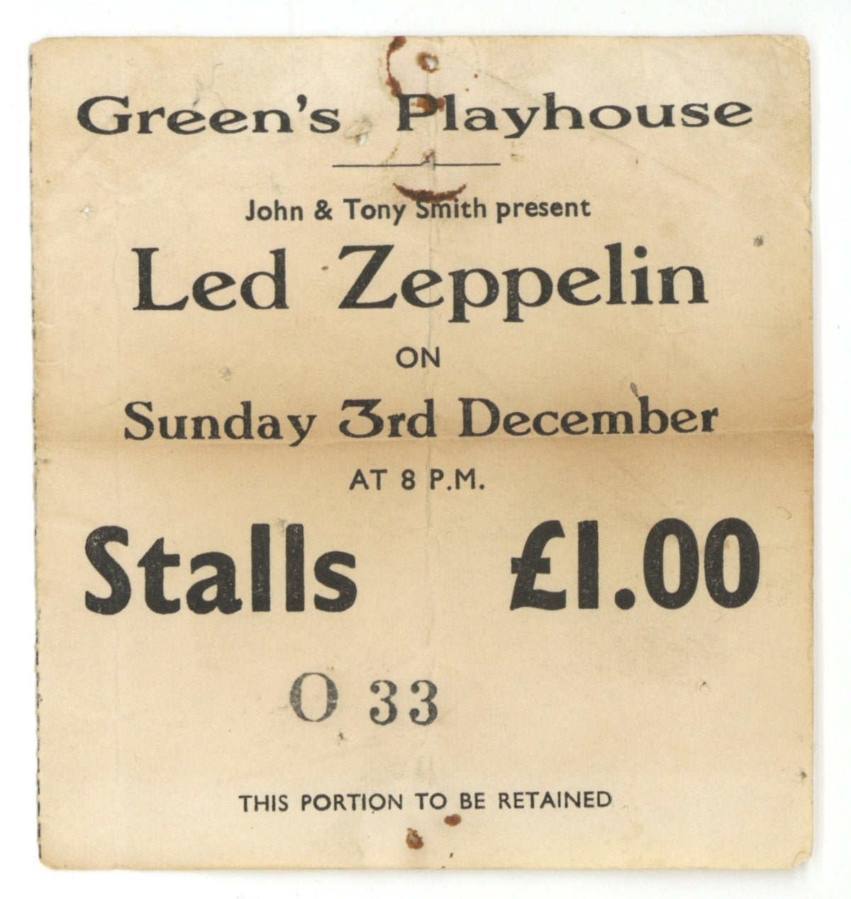 Led Zeppelin Green's Playhouse Glasgow Ticket Stub 1972