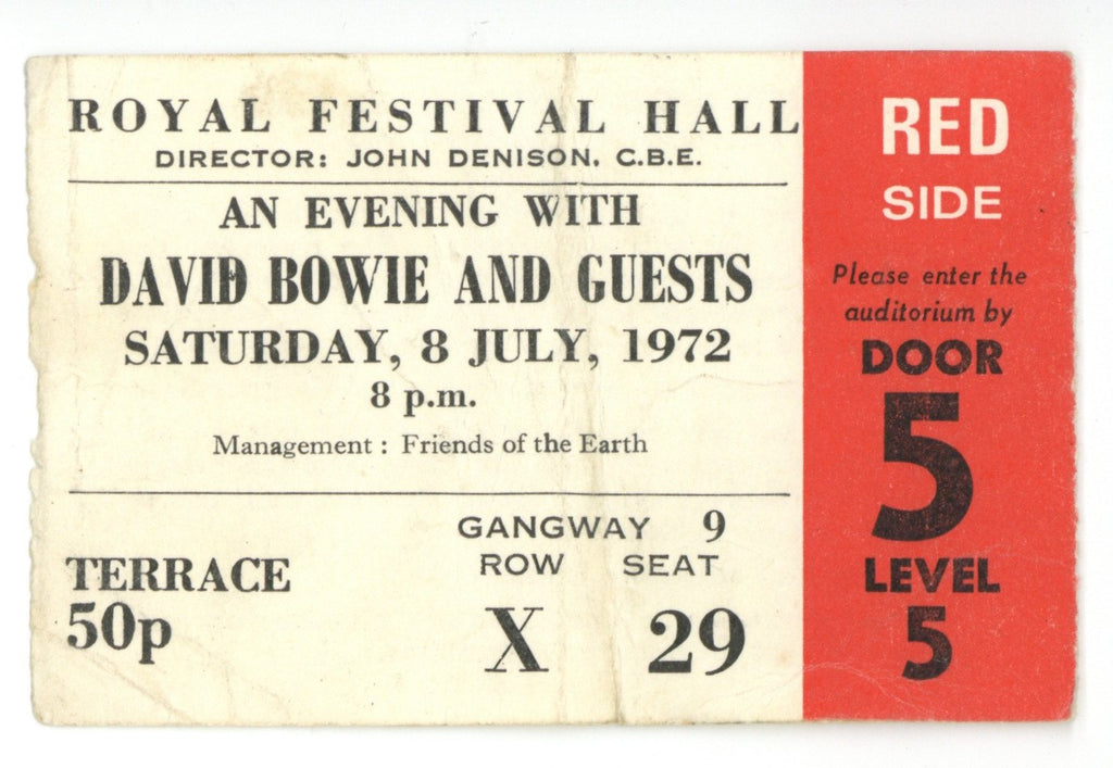 David Bowie Royal Festival Hall South Bank Ticket Stub 1972