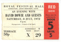 David Bowie Royal Festival Hall South Bank Ticket Stub 1972