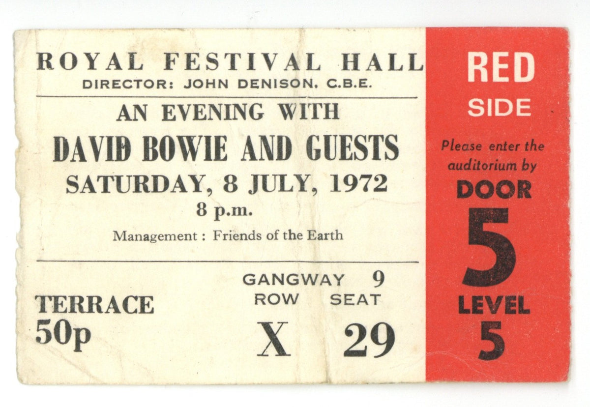 David Bowie Royal Festival Hall South Bank Ticket Stub 1972