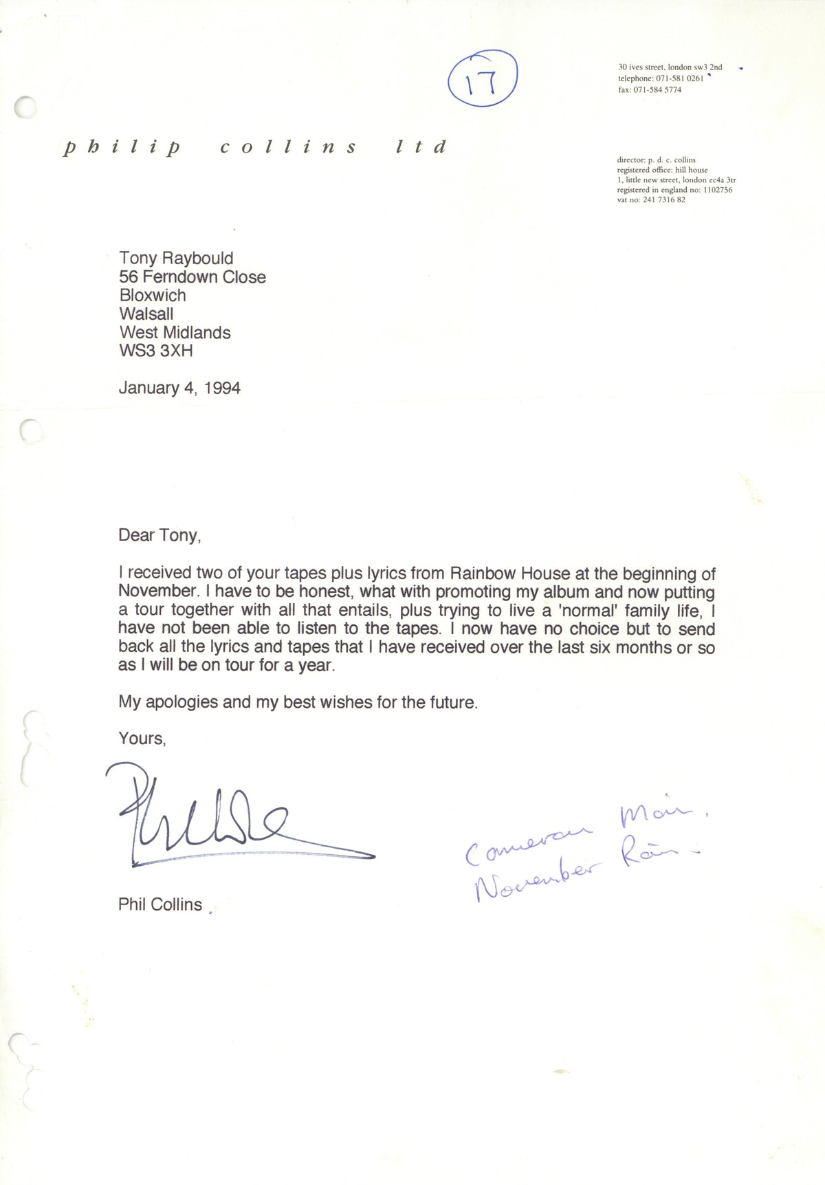 Phil Collins Signed letterheaded paper