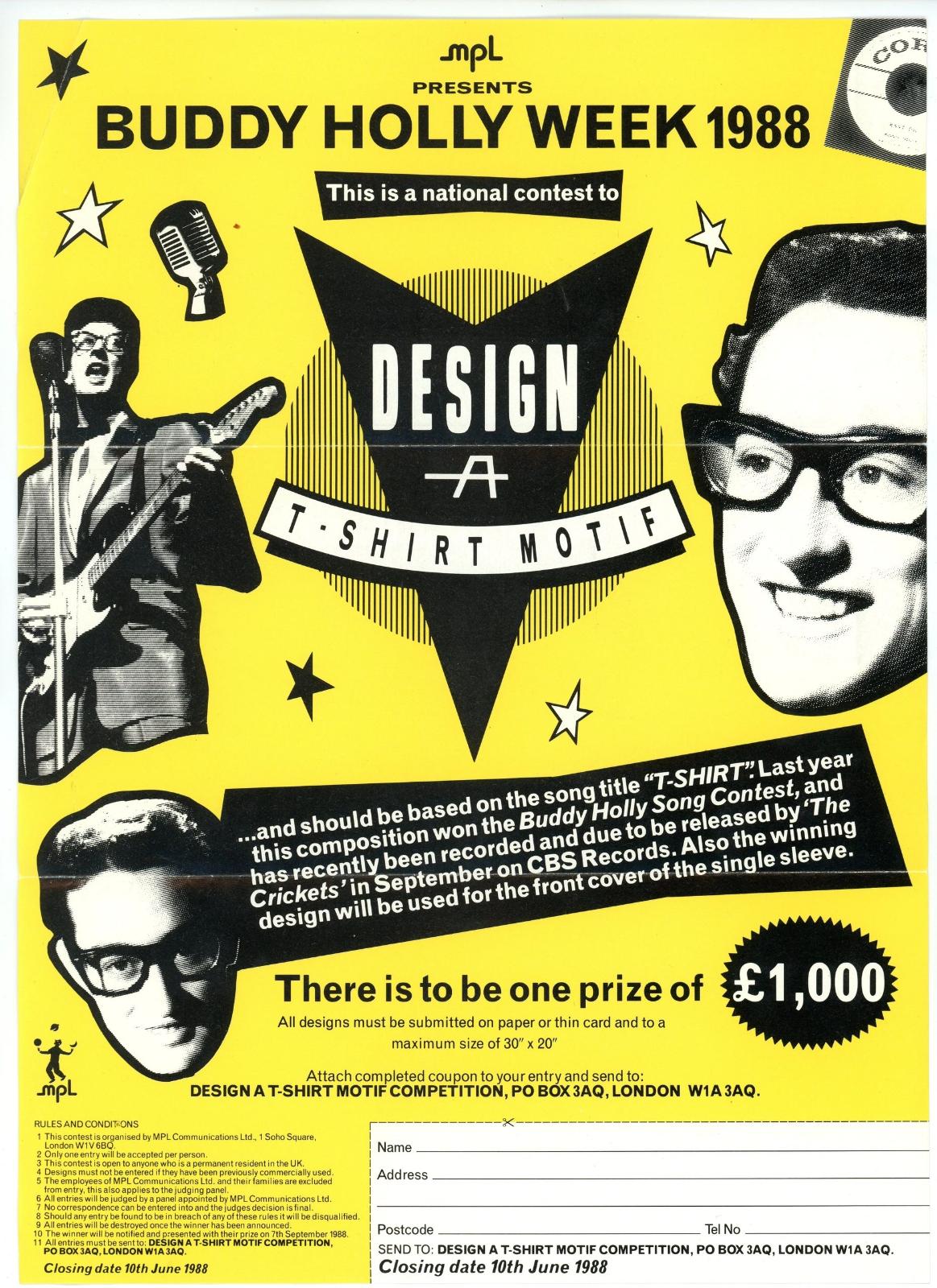 Paul McCartney MPL 1988 Buddy Holly week T-Shirt design competition form