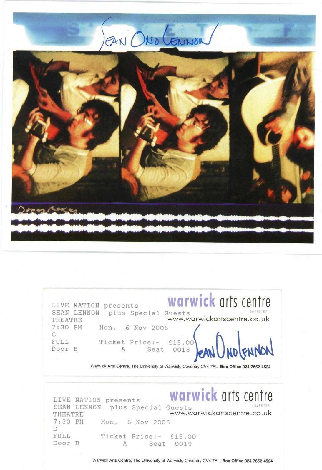 Sean Ono Lennon signed Warwick art centre ticket and leaflet
