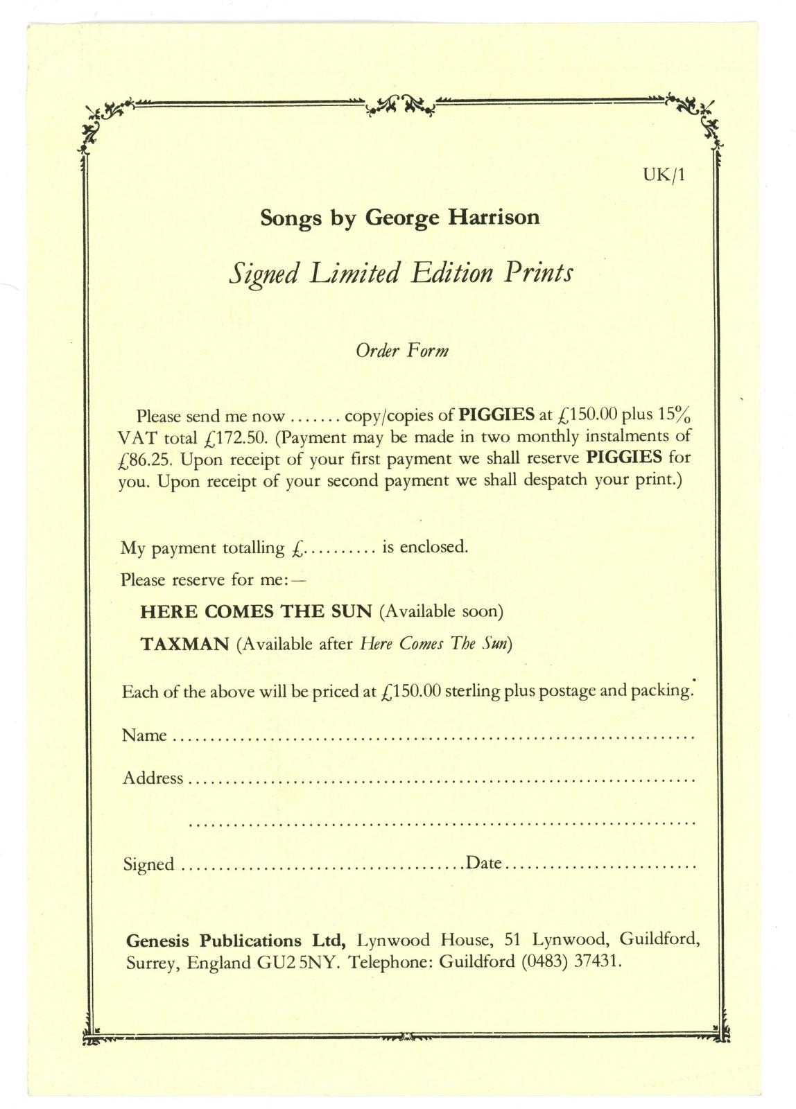 Genesis Publications Songs By George Harrison Piggies lithograph order form