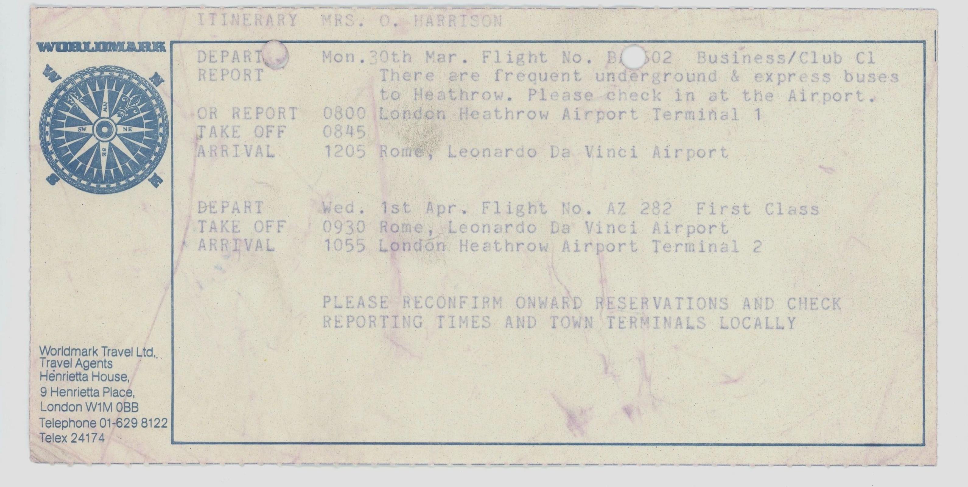 Olivia Harrison flight itinerary slip