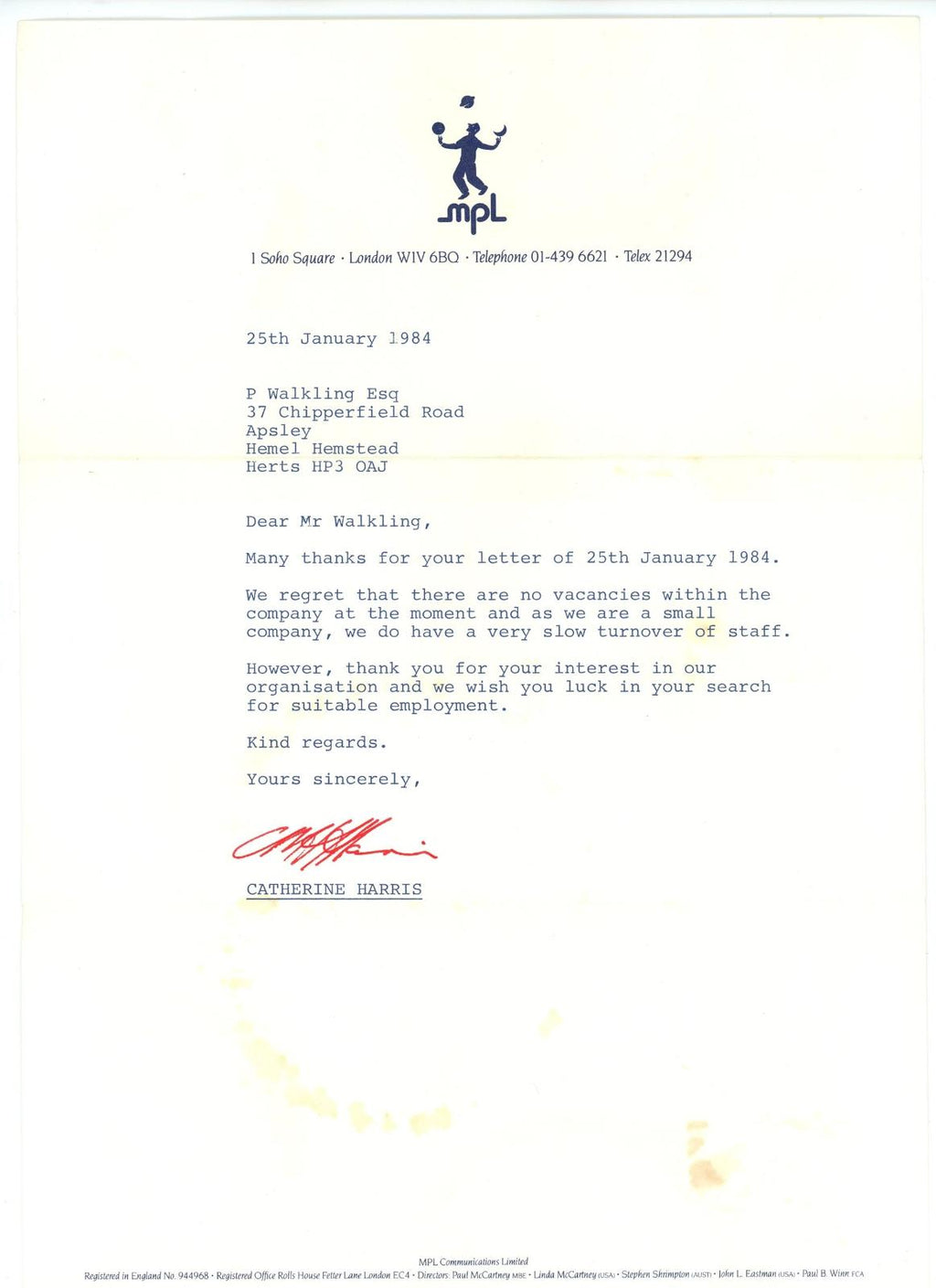 A letter of rejection from MPL regarding possible vacancies in the company 1984