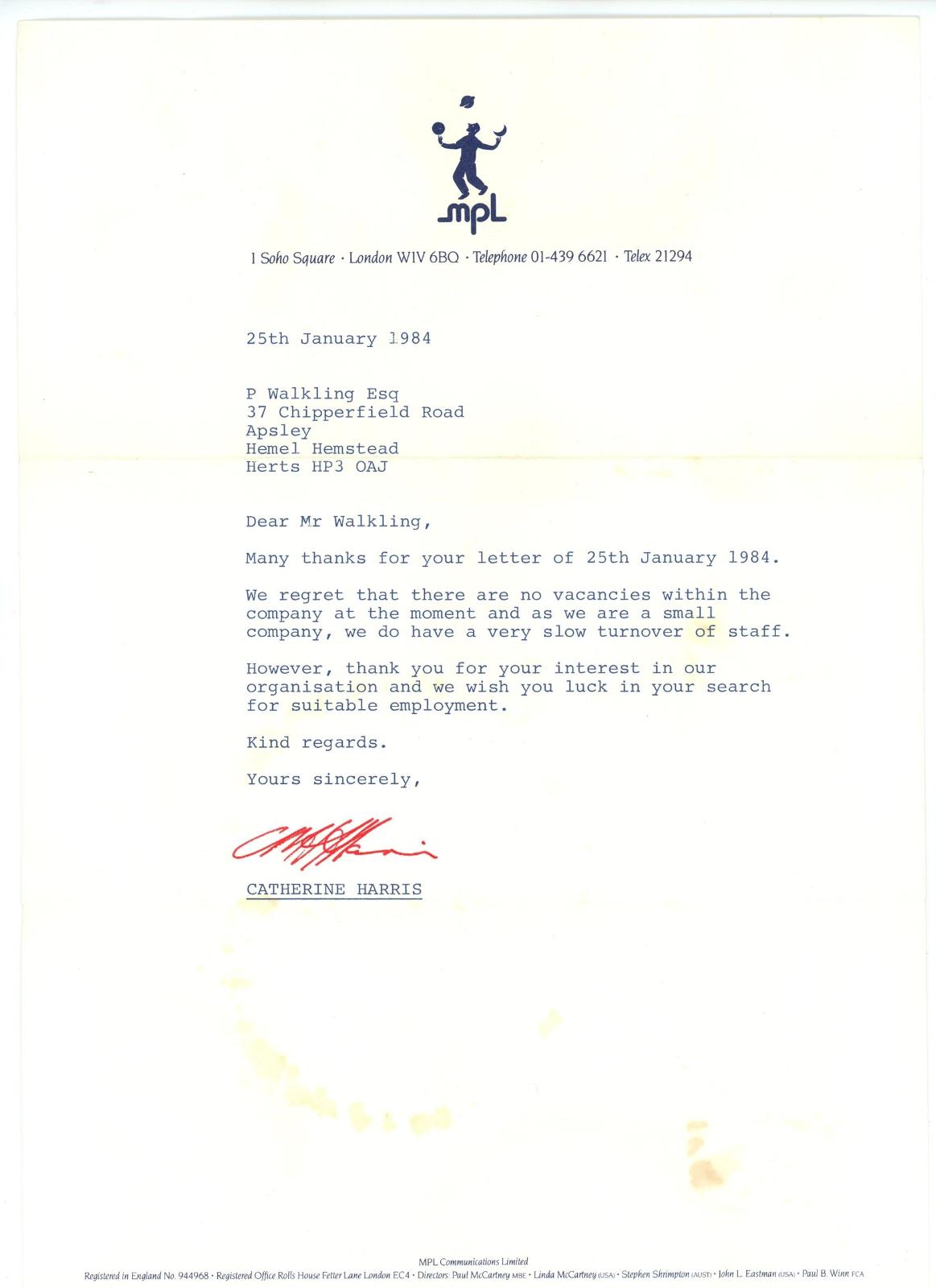 A letter of rejection from MPL regarding possible vacancies in the company 1984