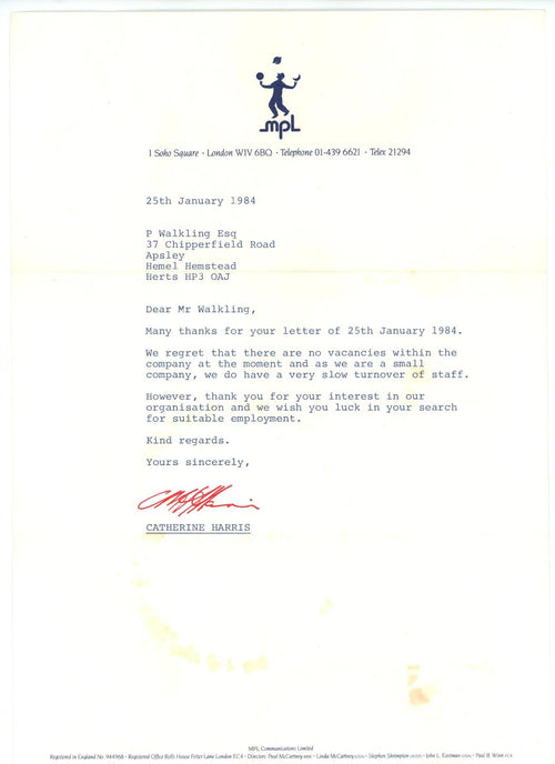 A letter of rejection from MPL regarding possible vacancies in the company 1984