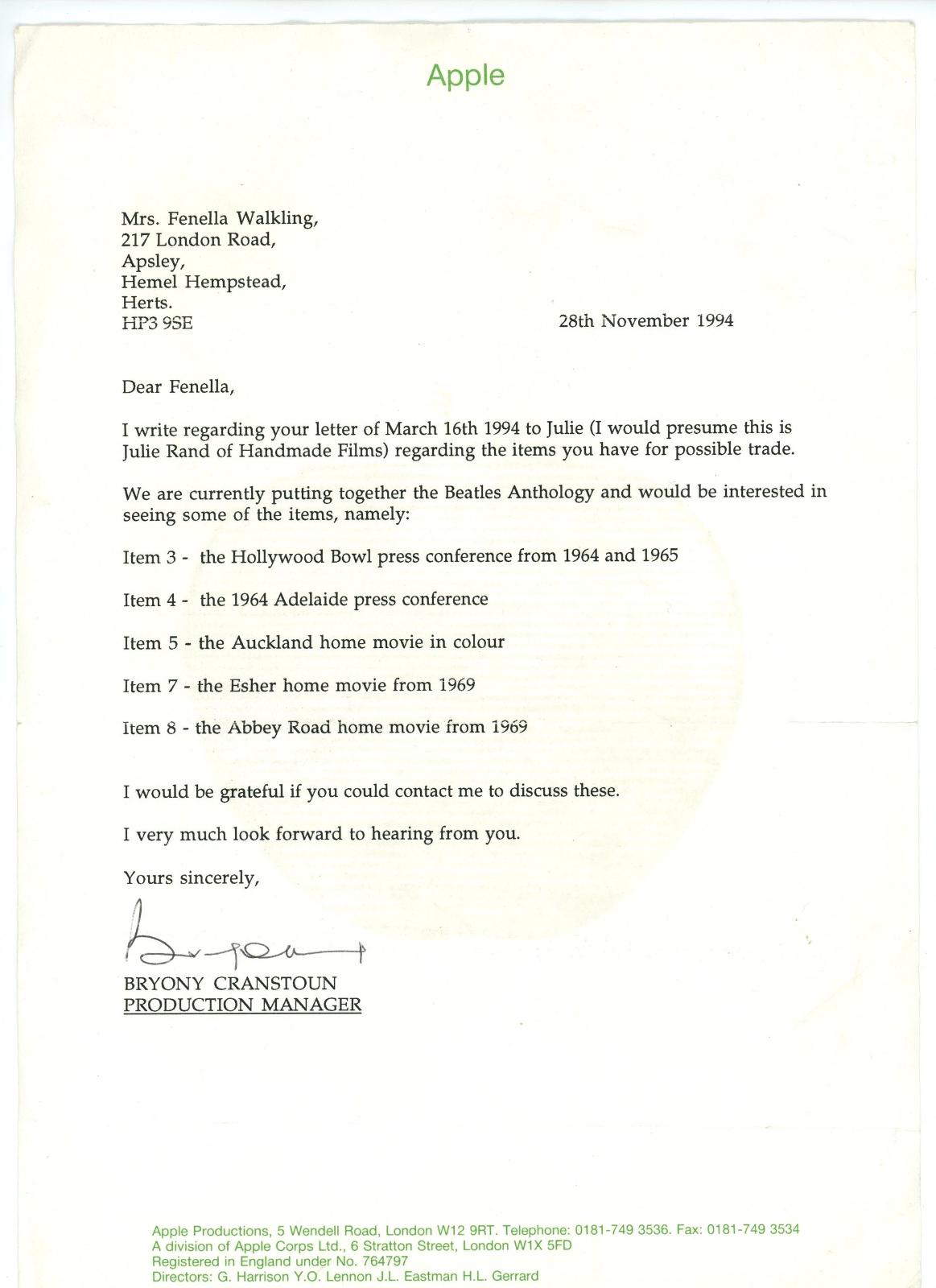 Apple Corps 1994 headed letter regarding Beatles Anthology
