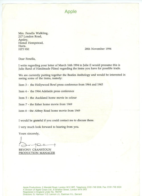 Apple Corps 1994 headed letter regarding Beatles Anthology