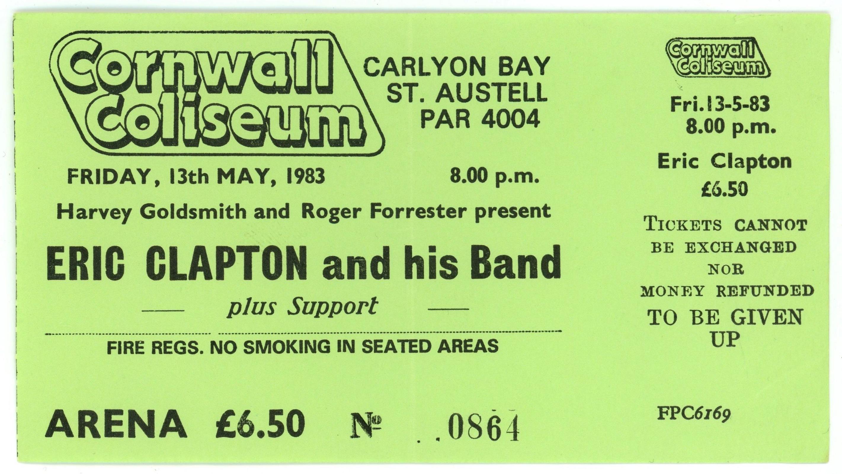 Eric Clapton and his band Cornwall Coliseum, Carlyon Bay ticket stub 1983