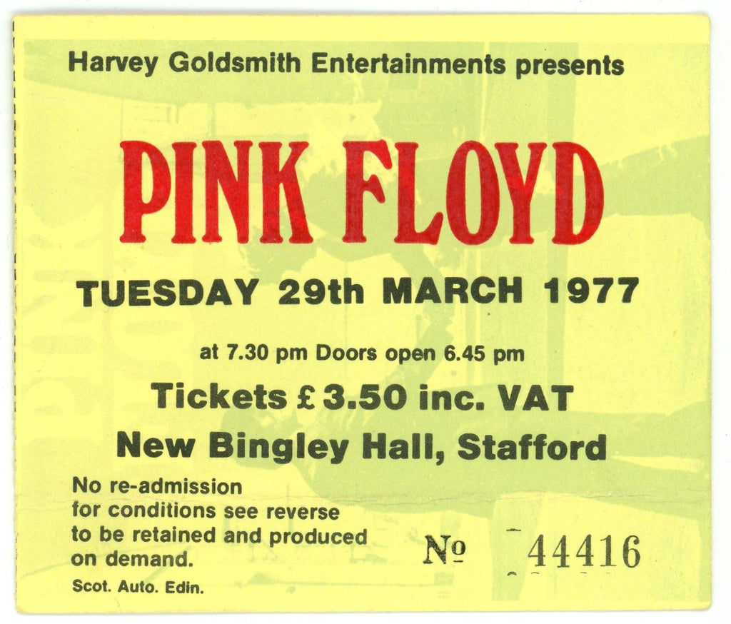 Pink Floyd New Bingley Hall ticket stub 1977