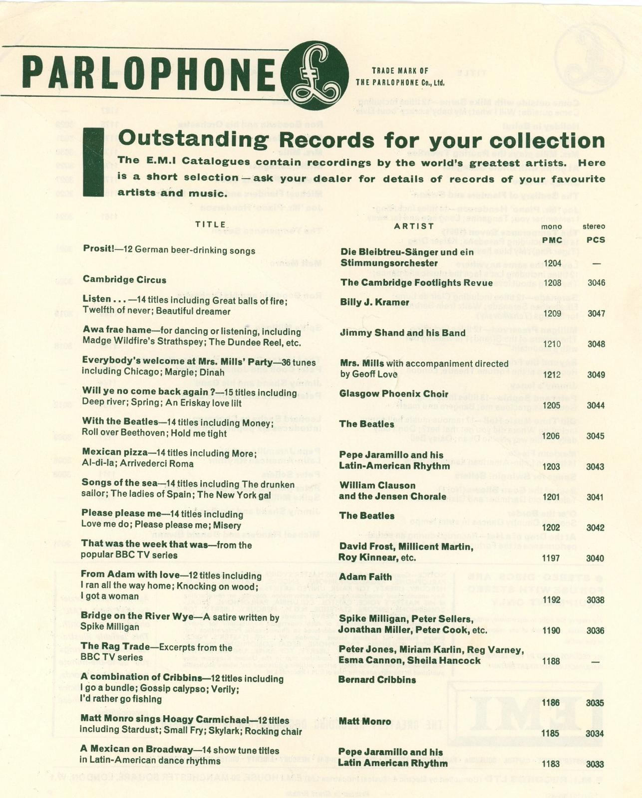 Parlophone/EMI record catalogue 1963
