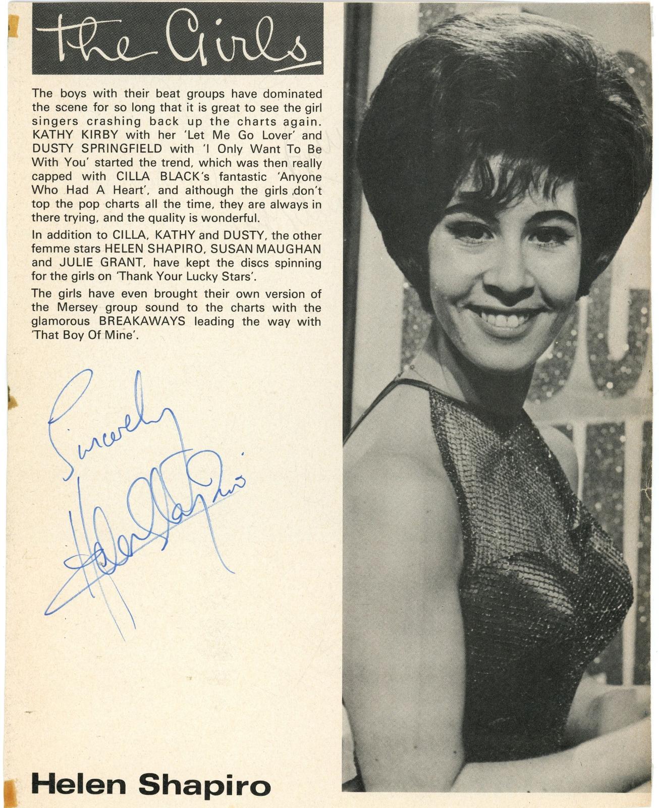 Helen Shapiro signed programme page
