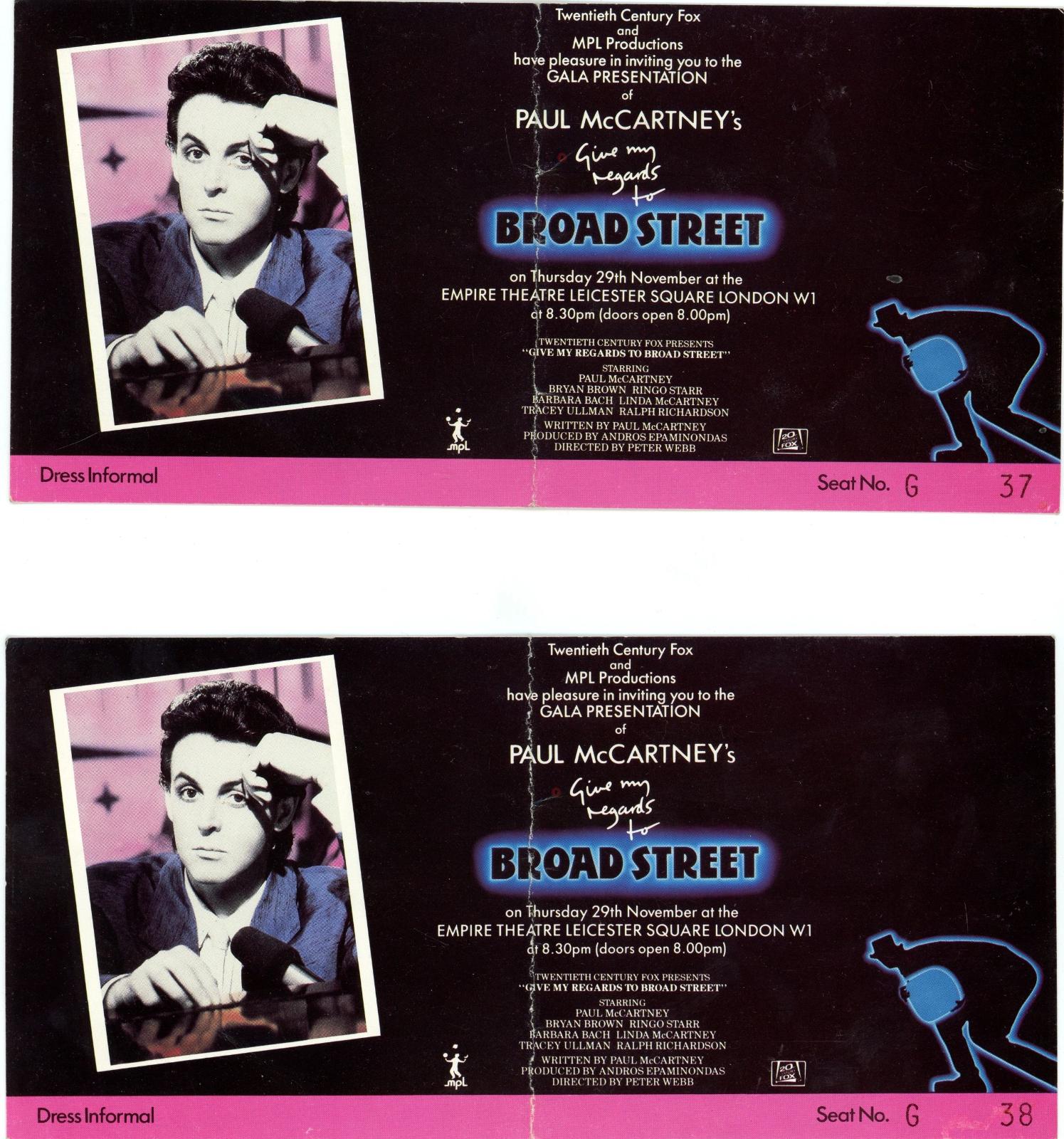 Two Preview tickets for Paul McCartneys Give My Regards To Broad Street 1984