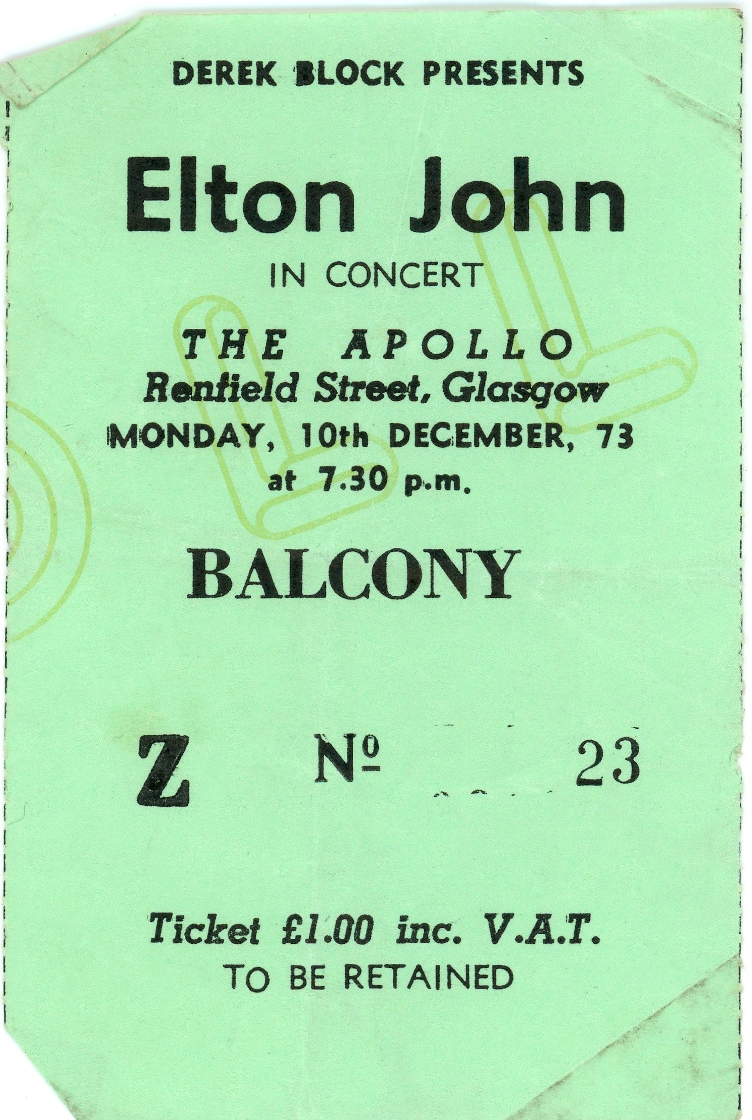 Elton John signed ticket Apollo Glasgow 11th of December 1973