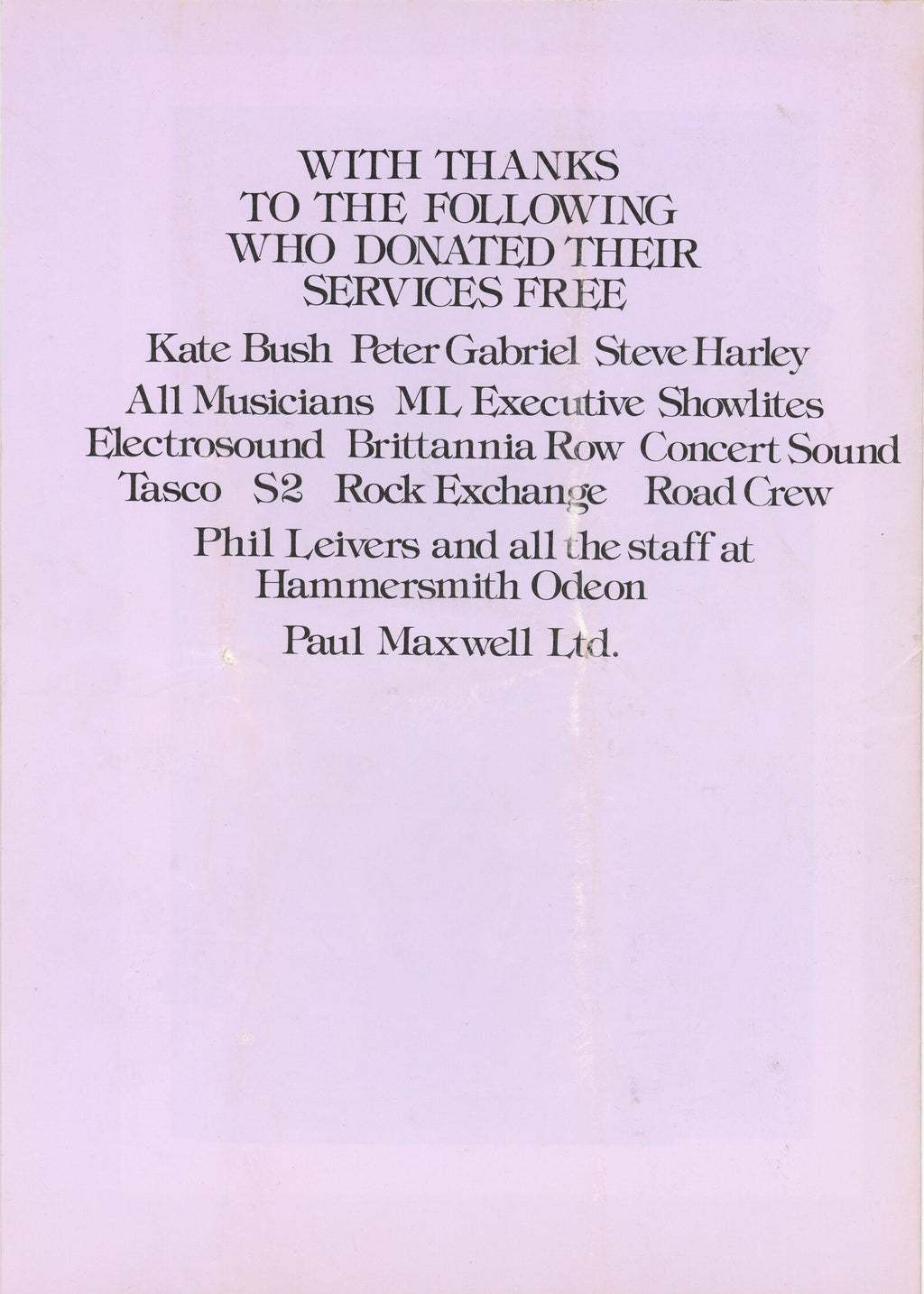 Kate Bush In aid of Bill Duffield concert programme and photograph