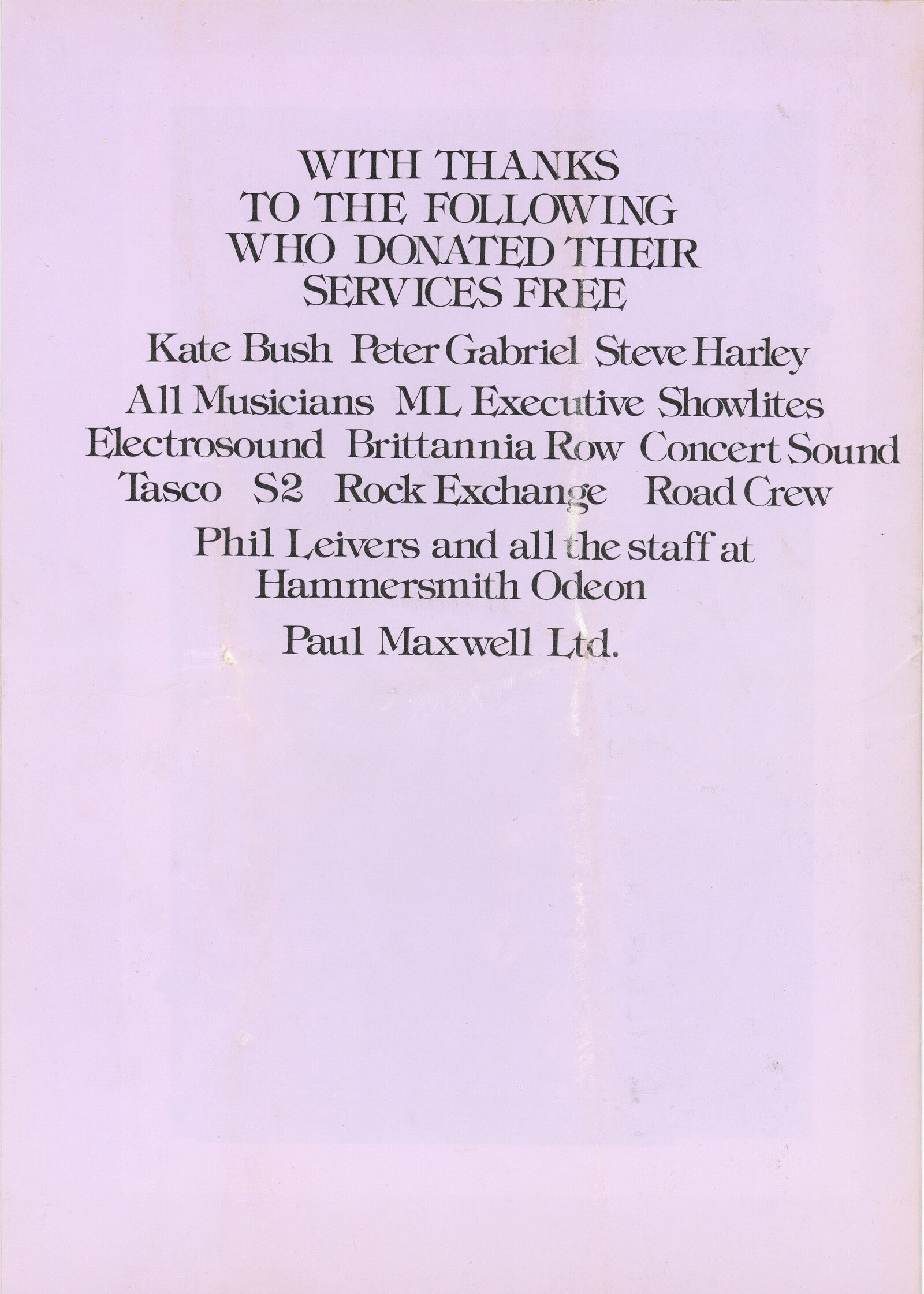Kate Bush In aid of Bill Duffield concert programme and photograph