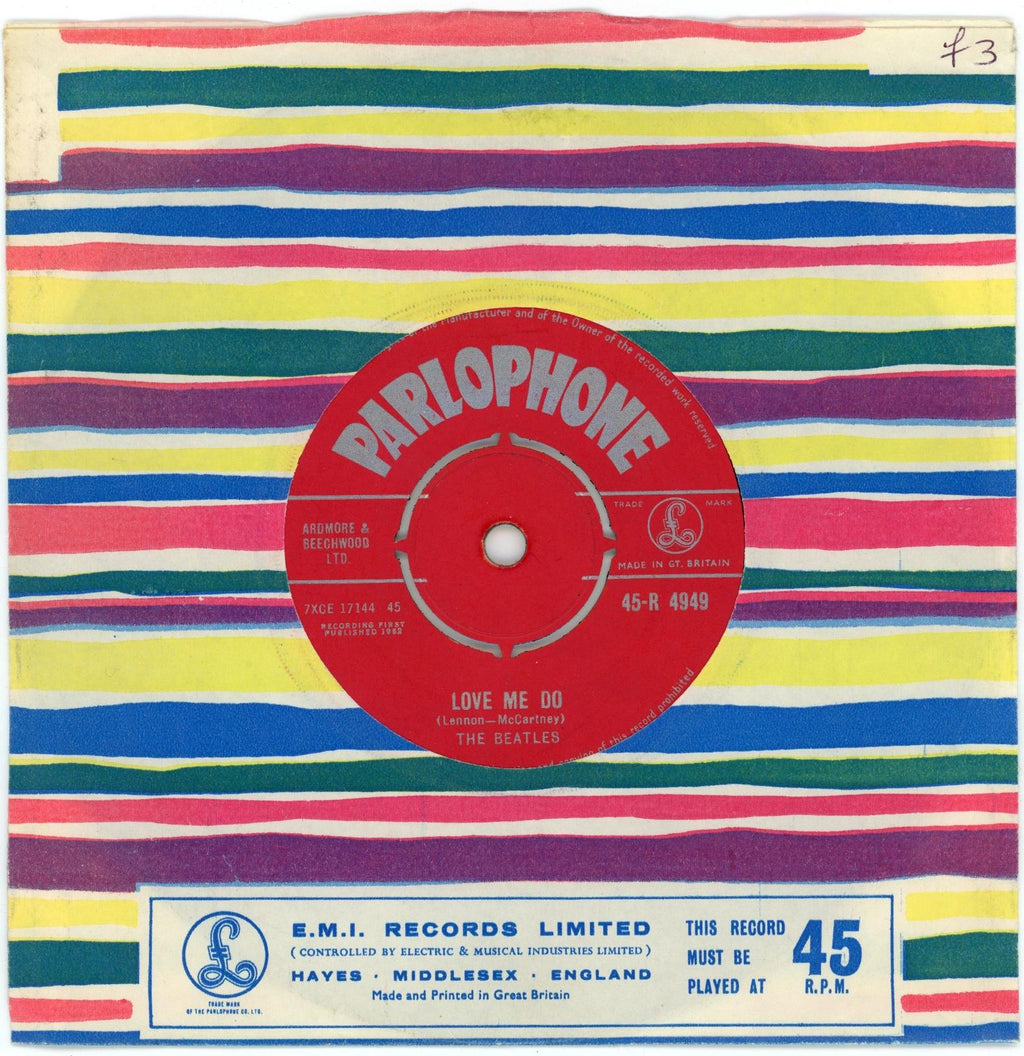 The Beatles Parlophone Love Me Do 7" Single Made In GT. Britain text