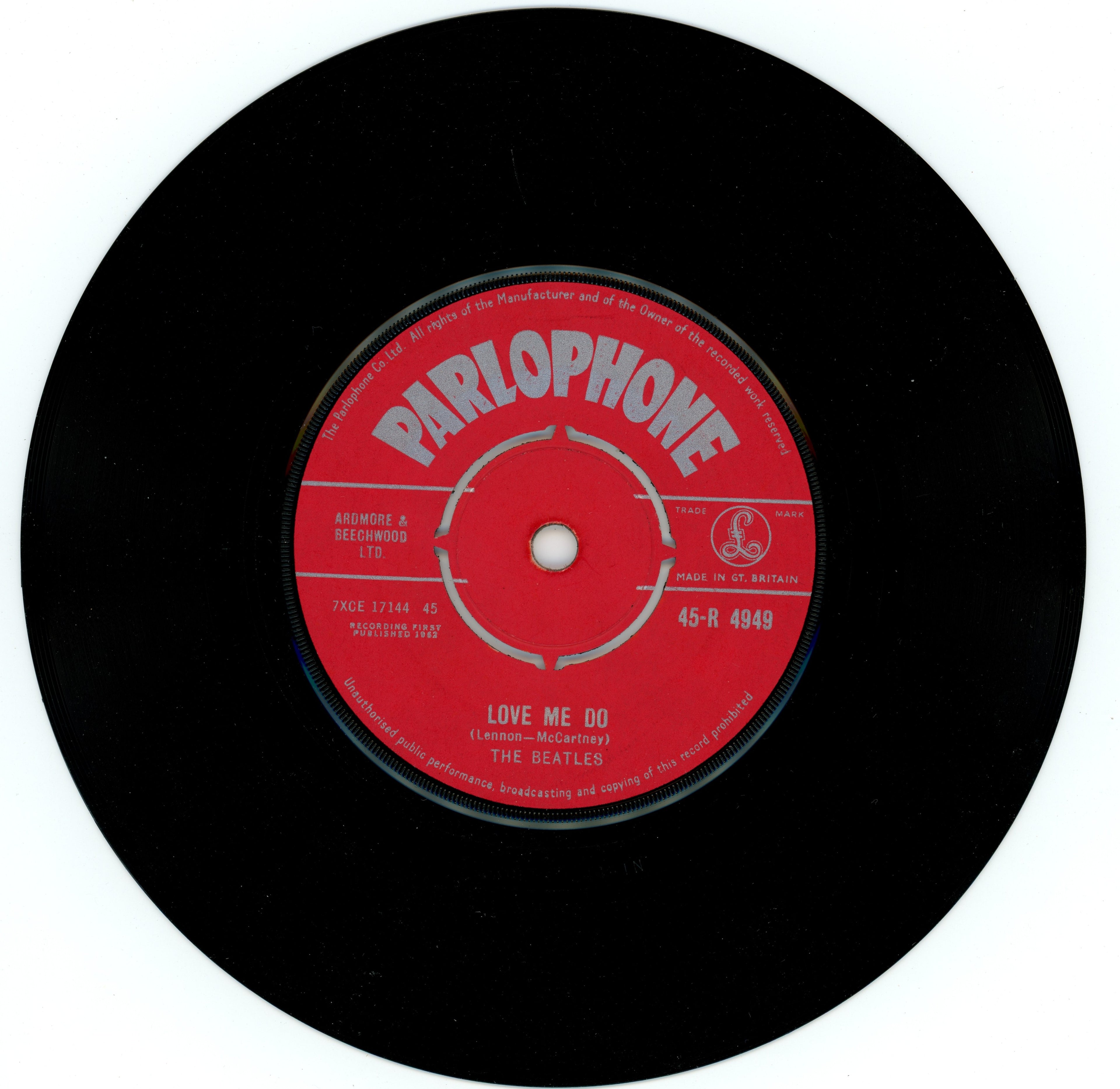 The Beatles Parlophone Love Me Do 7" Single Made In GT. Britain text
