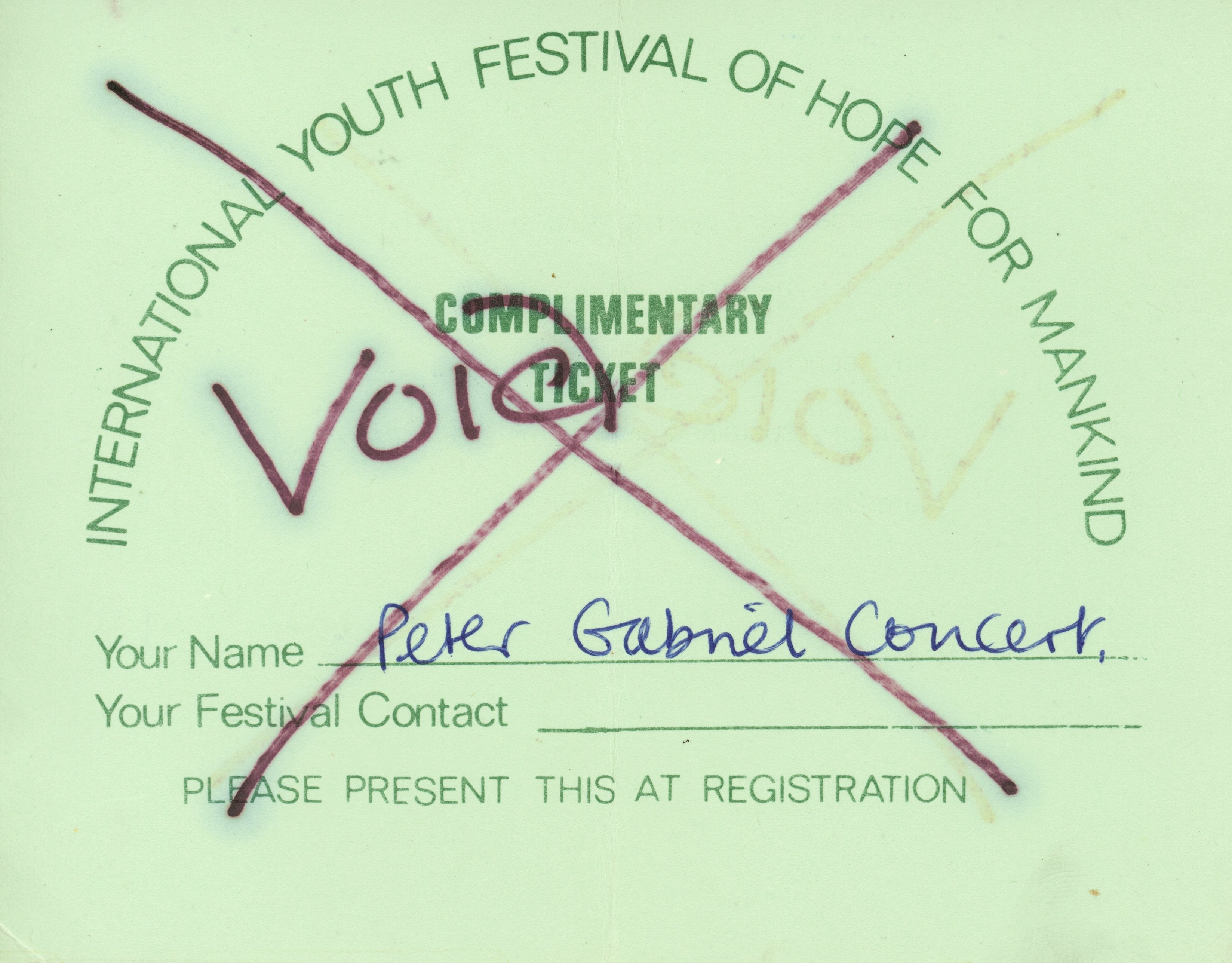 Peter Gabriel international youth festival ticket signature 1977