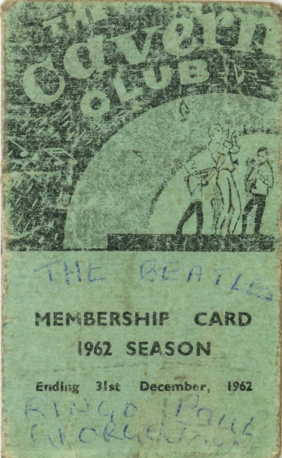 The Beatles signed 1962 cavern club membership card