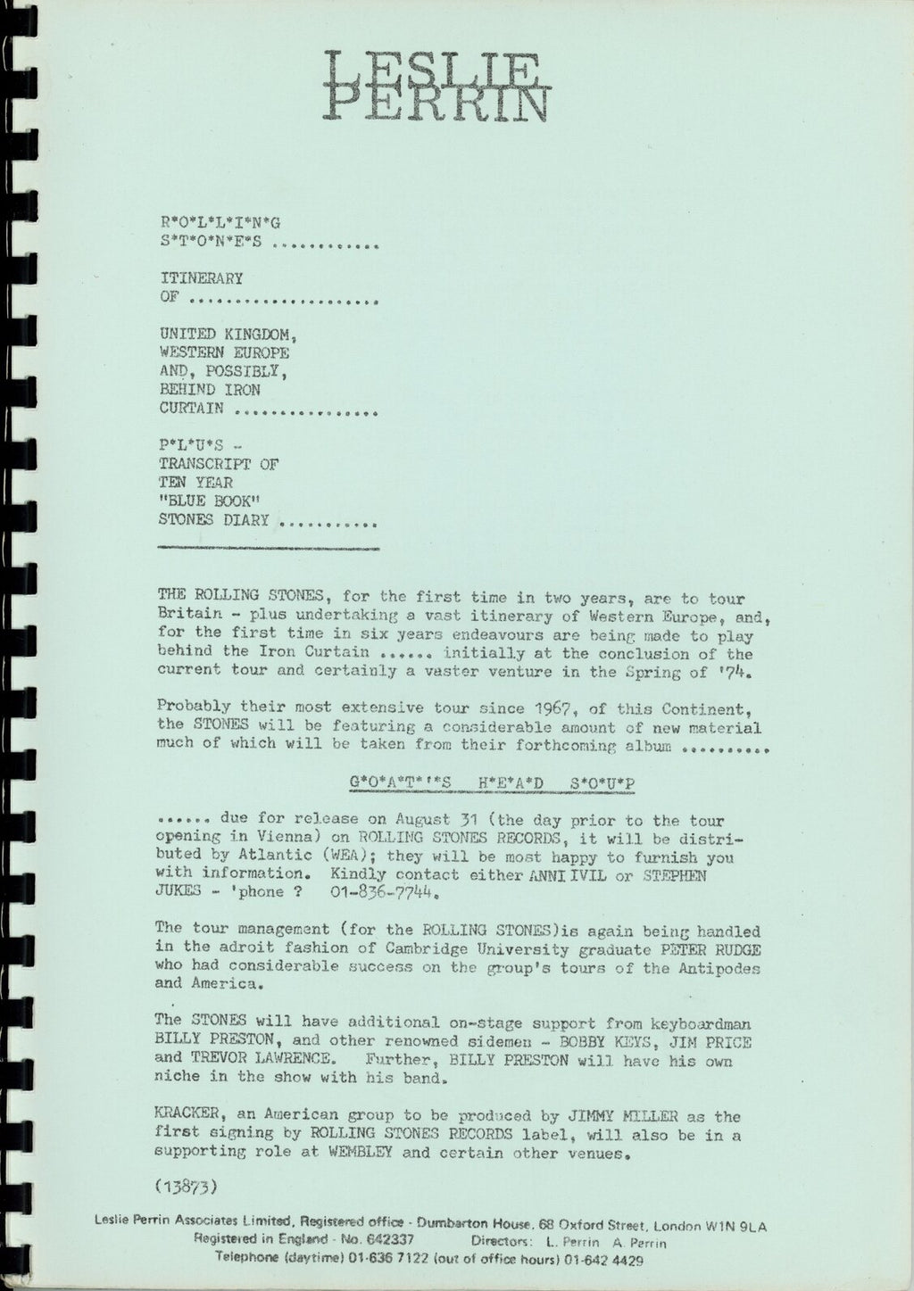 The Rolling Stones – Original 1973 Press Release / Itinerary