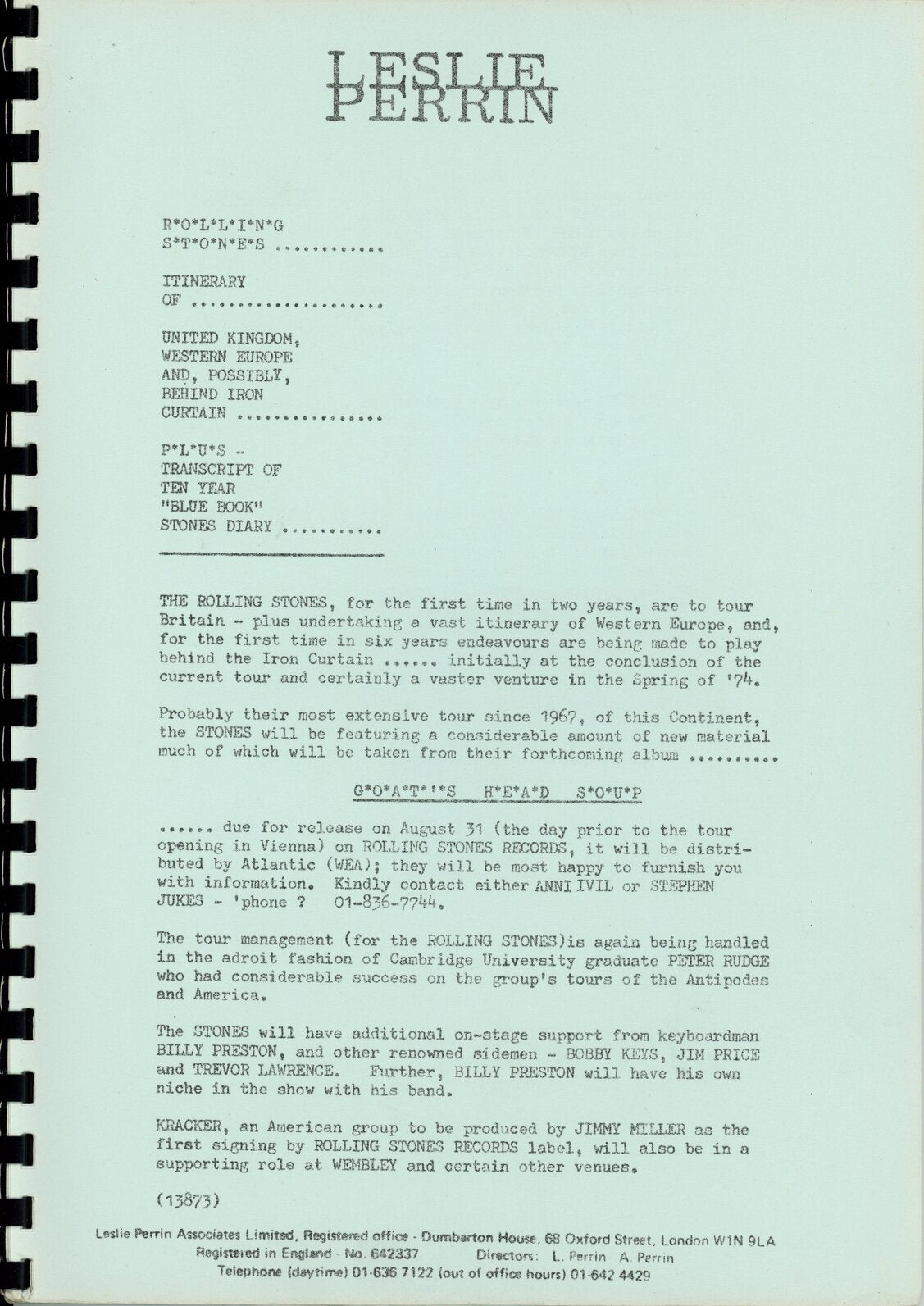The Rolling Stones – Original 1973 Press Release / Itinerary