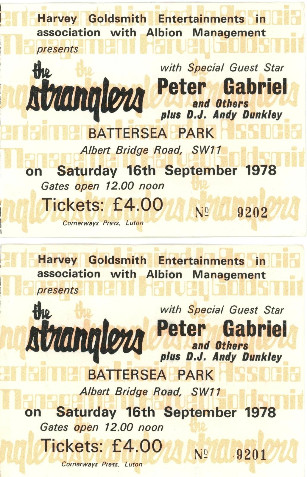The Stranglers and Peter Gabriel Concert ticket stubs 1978